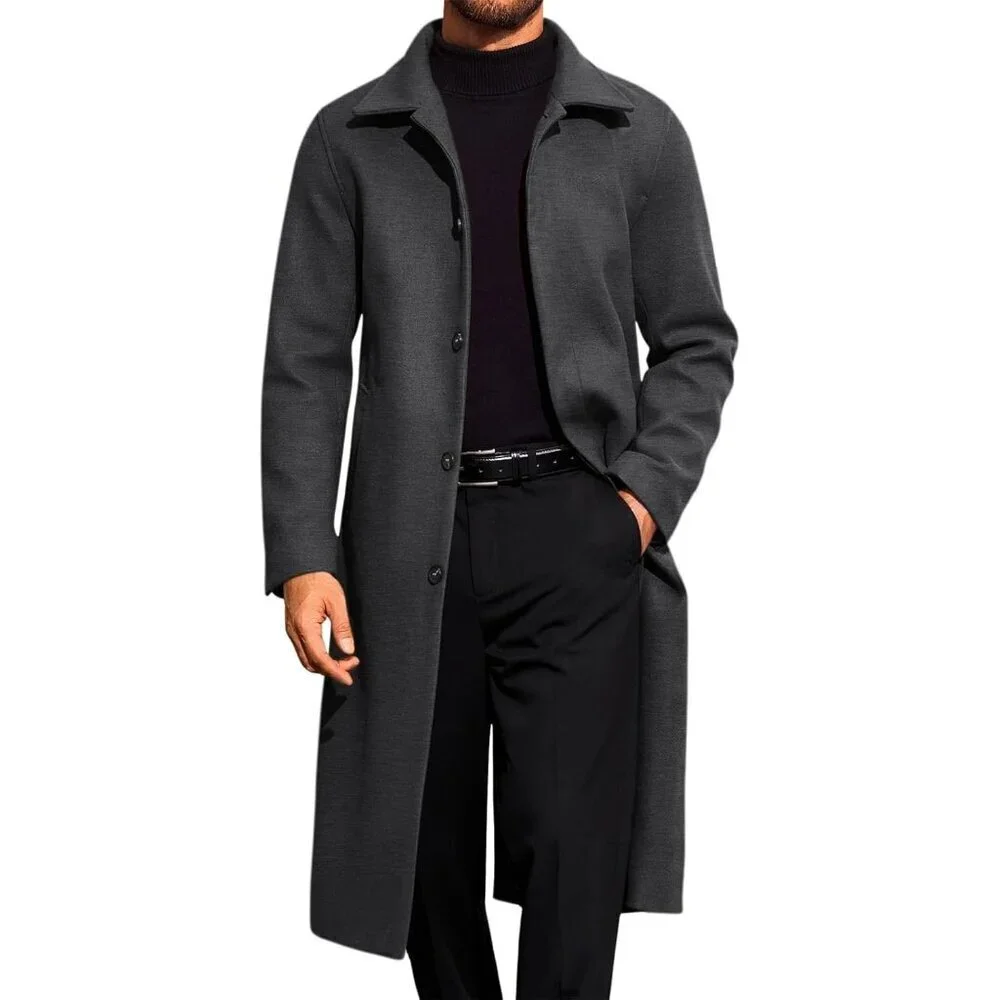 Men's Dark Grey Long Trench Coat Single Breasted Casual Winter Warm Pea Coat